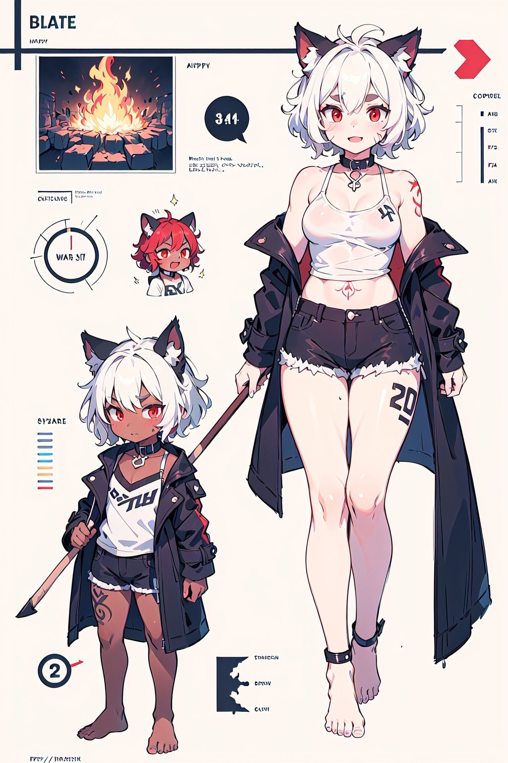  (masterpiece:1,2), best quality, masterpiece, highres, original, extremely detailed wallpaper, perfect lighting,(extremely detailed CG:1.2), drawing,scythe, collar, collarbone, short shorts, animal ears, furry male, (dark skin:1.2), shota, happy sex, short hair, breast tattoo,crotch tattoo,Hand Strap, barefoot, muscular male, Leg loop,messy hair,revealing clothes, scar on face, Standing on the ruins,naked coat, Expose shoulders,Beautiful and detailed explosion,Burn oneself in flames, white hair, red eyes, curly hair,thick eyebrows,Eyes glow, thick thighs, thick arms,  multiple views, pencil sketch,(illustration:1.1), (infographic:1.2), (all clothes configuration:1.15), 