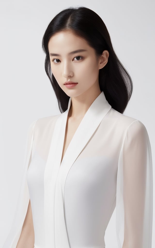  breathtaking 1girl,Giorgio Armani silk blouse with a draped neckline and cap sleeves,white,design by Yves Saint Laurent(伊夫·圣罗兰),upper body, . award-winning, professional, highly detailed
