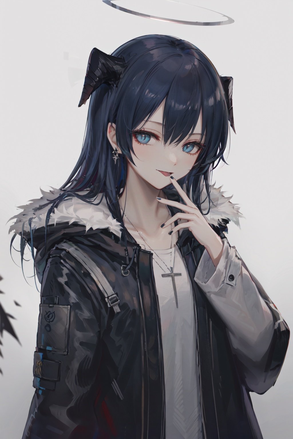 1girl, mostima \(arknights\), solo, horns, halo, long hair, blue hair, fur trim, blue eyes, shirt, cross necklace, white shirt, necklace, jewelry, long sleeves, open clothes, open coat, coat, fur-trimmed coat, upper body, blue tongue, black coat, cross, blue nails, simple background, grey background, bangs, collarbone, nail polish, hand up, gradient background, gradient, black jacket, looking at viewer, tongue, jacket, colored tongue, smile, hood, tongue out, demon horns, finger to mouth<lora:huanxiangheituhdLycoris:0.6>,