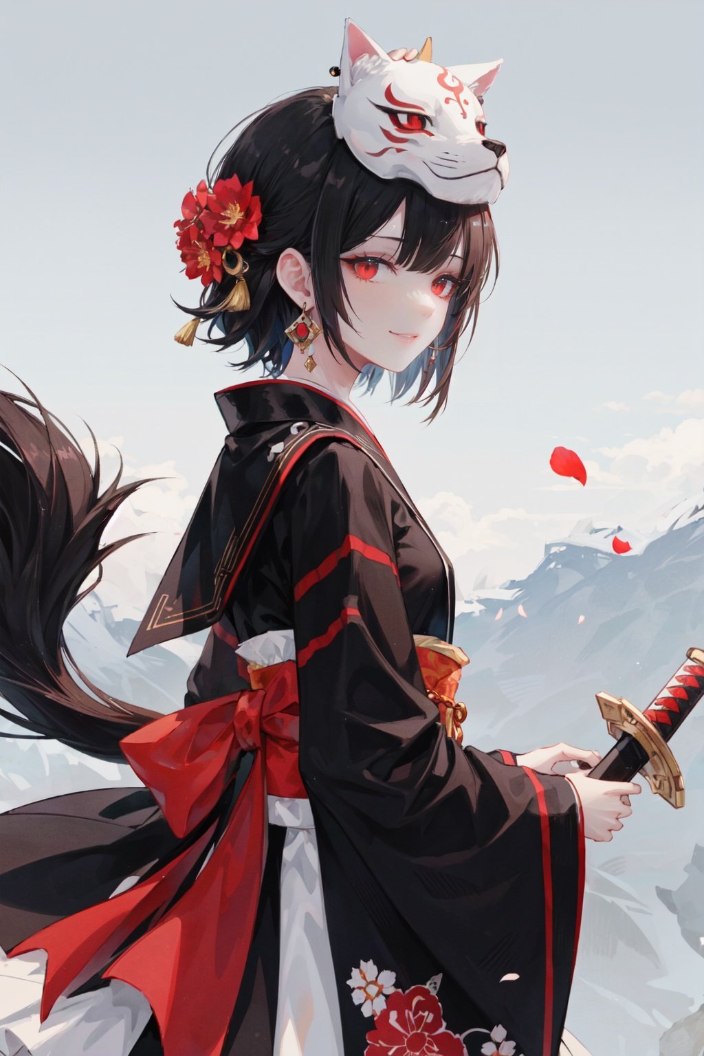 solo, 1girl, kamado tanjirou, male focus, weapon, sword, fox mask, holding, mask, japanese clothes, mask on head, scar on forehead, jewelry, scar, holding sword, earrings, holding weapon, long sleeves, scar on face, katana, looking at viewer, petals, red eyes, from side, haori, wide sleeves, grey background, short hair, brown hair, kimono, simple background<lora:wankeprehdLycoris:0.5>,