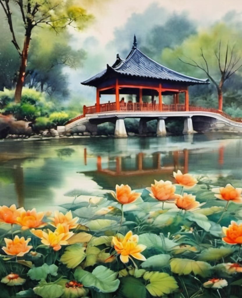 shuicai,flower, there is a pavilion by the river,<lora:水彩风格_花卉XL:0.6>, masterpiece, best quality,