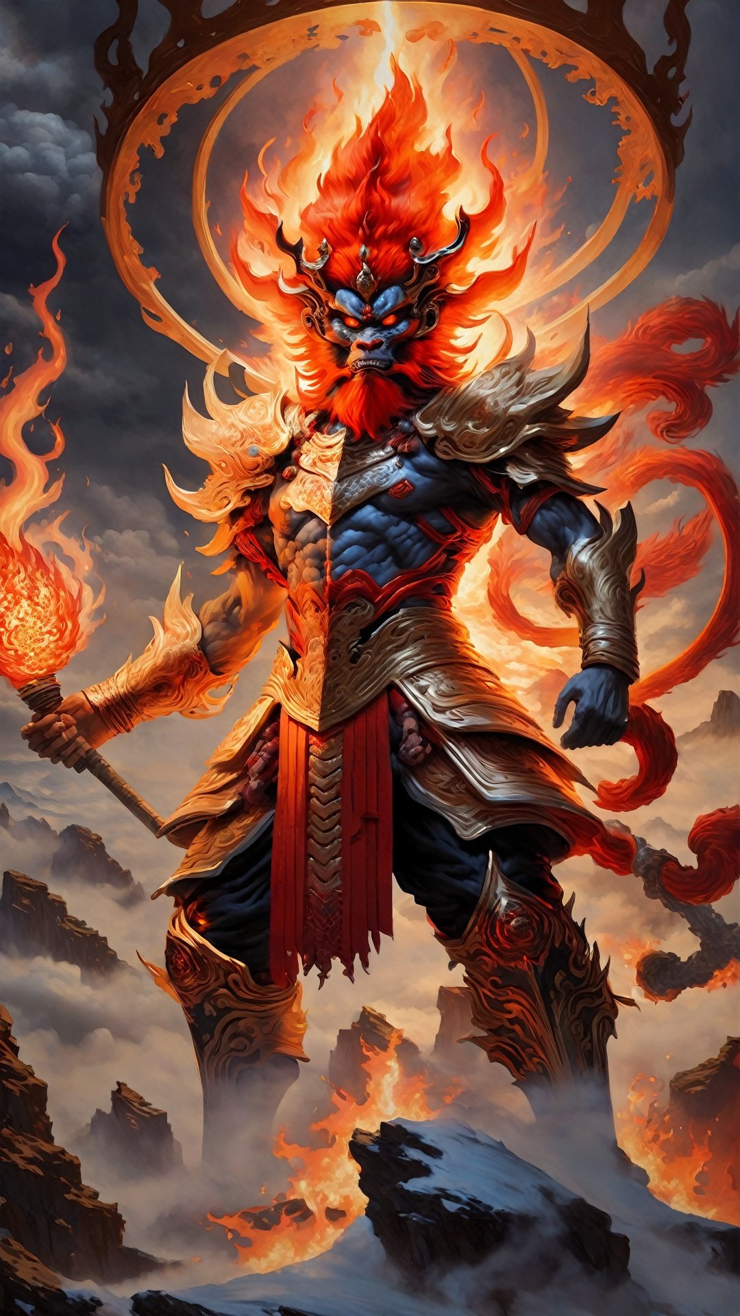 (Eastern Mythology: 1.5) Demons and Demons (Hyperrealistic Thick Brushstrokes: 1.5) Sun Wukong stands in a flame, his body surrounded by blazing fire. His golden armor has sharp edges and corners and is protected from flames, while the golden hoop in his hand seems to have mastered the power of flames. Sun Wukong's eyes are firm, and he seems to be interacting closely with the fire element, taming the flame into his own weapon.