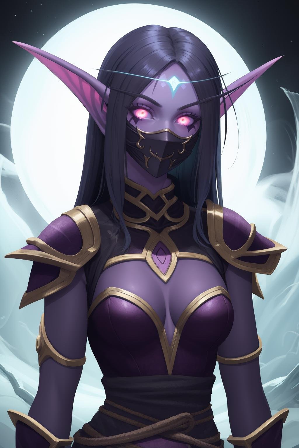 masterpiece, best quality, 1girl, solo, fantasy, <lora:nightelf-warcraft-richy-v1:1> nightelf, glowing eyes, colored skin, facial mark, ninja, mouth mask