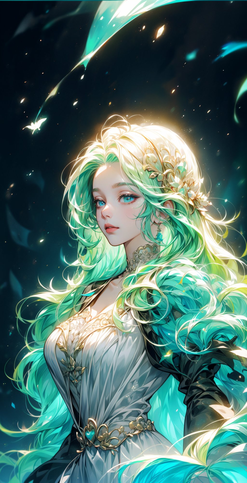 ((best quality)), ((masterpiece)), ((best illustration)), ((anime artwork)), Odette from the swan princess, long cascading blonde hair, long hair, curly hair, detailed green eyes, bright green eyes, Wearing alluring medieval-styled dress, flowing white dress with teal puffed sleeves and teal belt, dress enhanced by intricate details, wearing gold heart-shaped locket, Alluring, sweet, on eye level, scenic, masterpiece, 1 girl, hyperdetailed face, full lips, background is stone bridge and waterfall