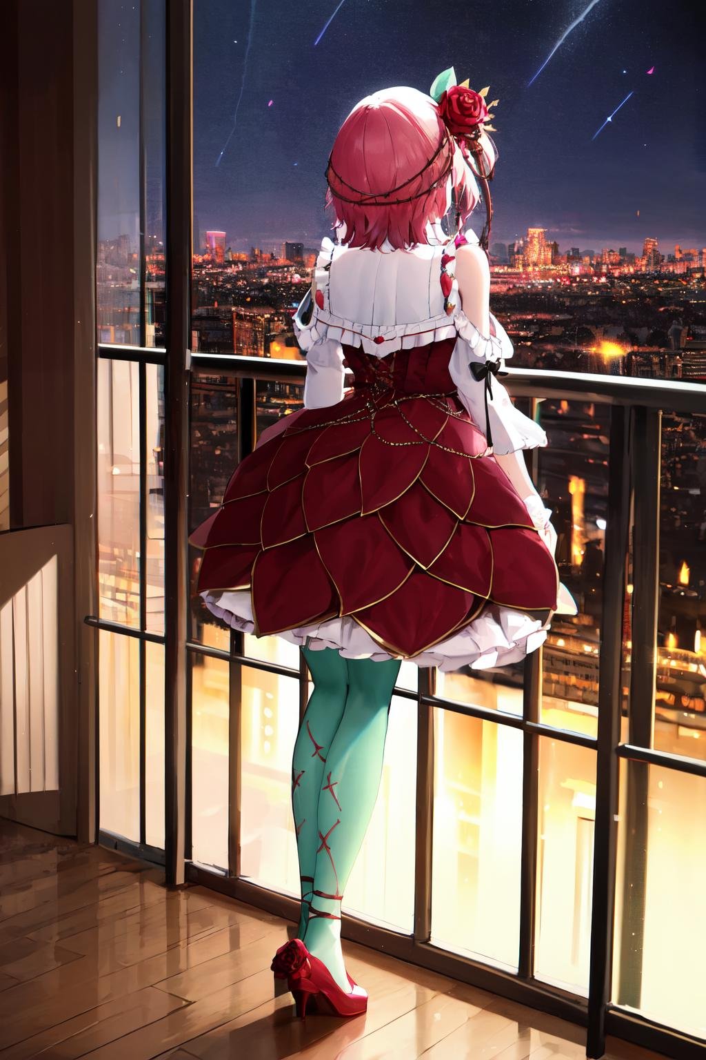 masterpiece, (detailed, highres, best quality), 1girl, <lora:sprosemiLovelock-10:1> rosemi1st, red rose, hair flower, thorns, shoulder cutout, red dress, black bow, gradient sleeves, green pantyhose, red footwear, from behind, city lights, night sky