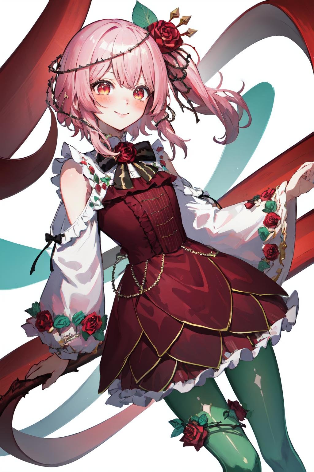 masterpiece, (detailed, highres, best quality), 1girl, <lora:sprosemiLovelock-10:1> rosemi1st, smile, blush, red rose, hair flower, thorns, shoulder cutout, red dress, black bow, gradient sleeves, green pantyhose, white background