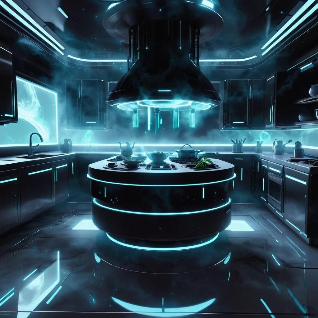 abyssaltech aesthetics,  scifi kitchen,  from a scifi futuristic abyssaltech world,  dissolving,  abyss,  volumetric lighting, <lora:EMS-79508-EMS:0.800000>