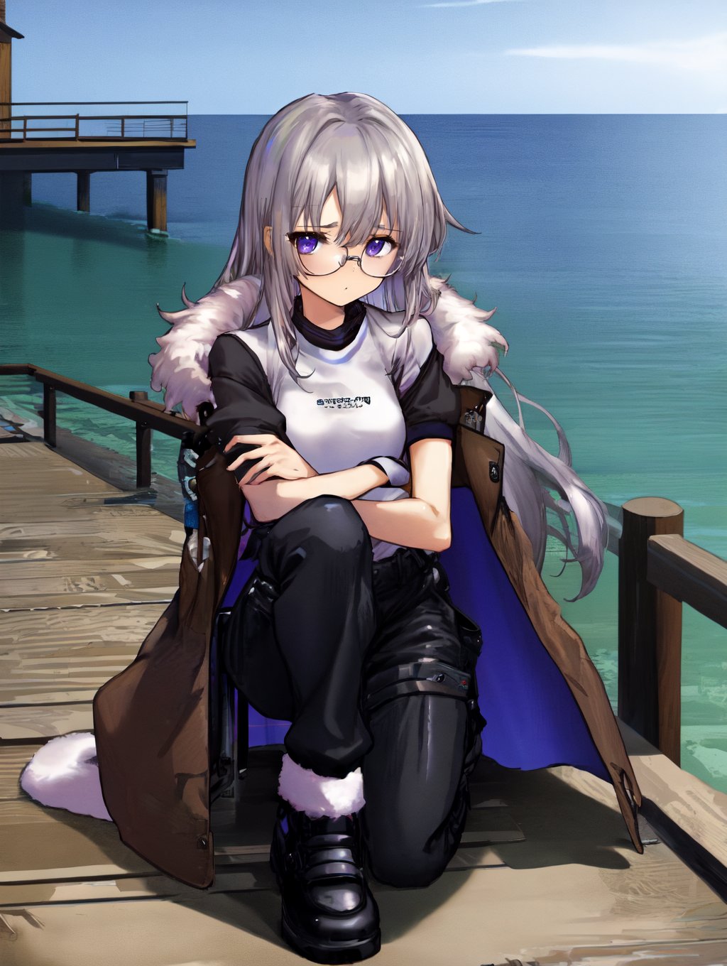 1girl solo silver-trim-compression-shirt fur-coat pants-rolled-up glasses on-one-knee pier by Mooshieblob on Tensor.Art