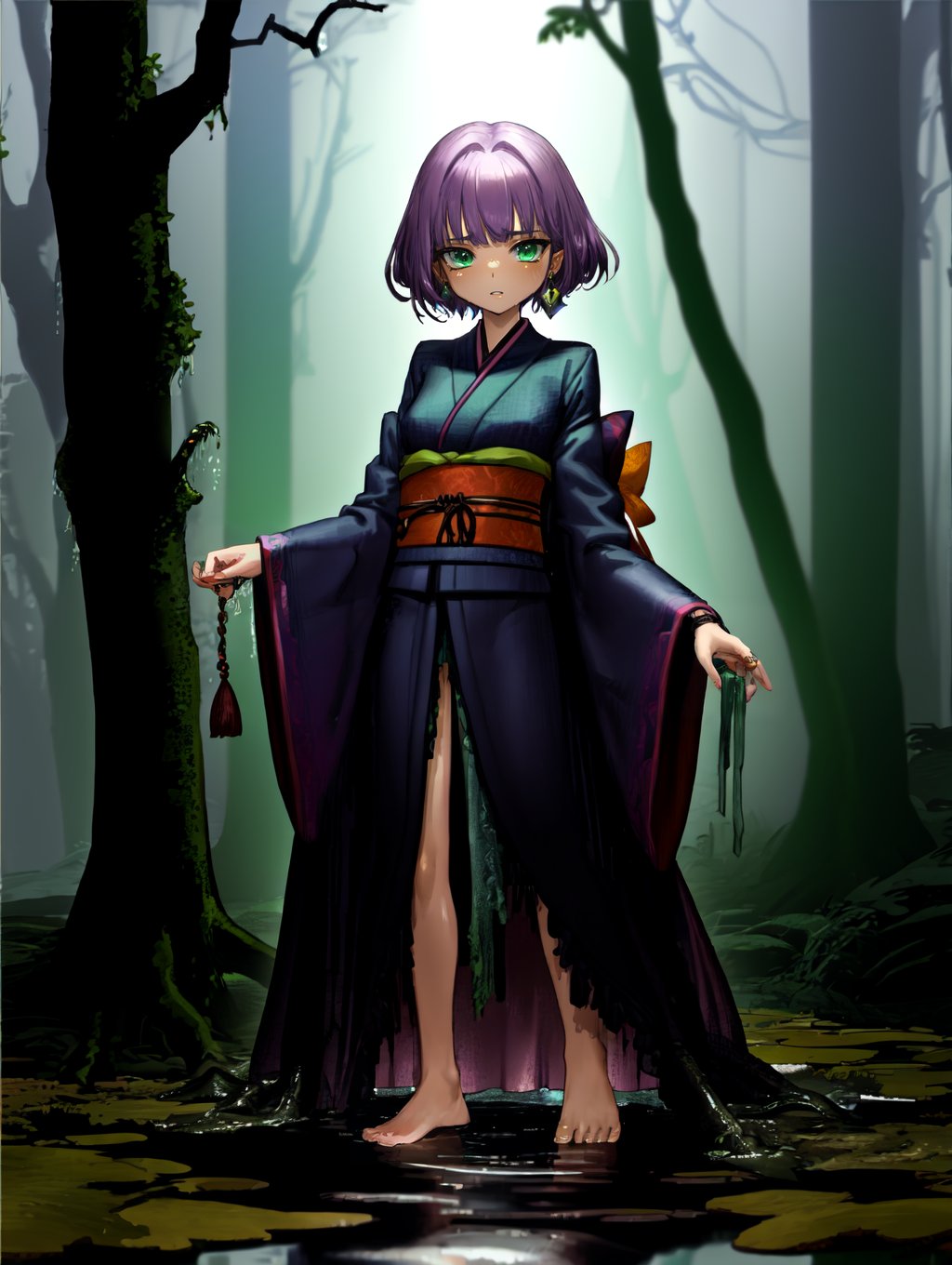 1girl solo standing murky-swamp dark-and-murky-water rotting-vegetation twisted-trees eerie-atmosphere short-kimono earrin...