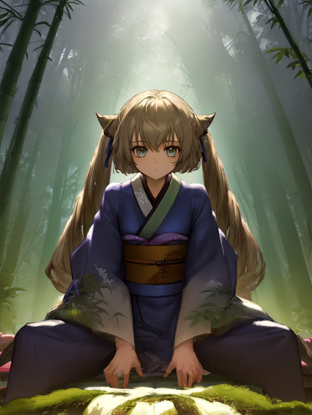 1girl solo lightslate-gray-short-kimono spread-legs v-arms bamboo-forest by Mooshieblob on Tensor.Art