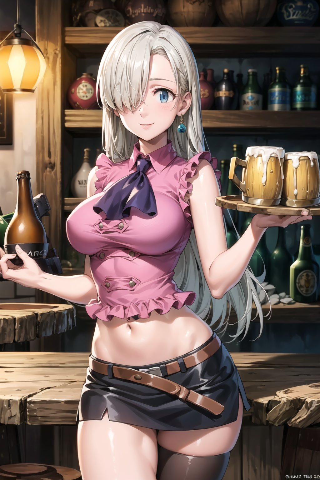 ((best quality)), ((highly detailed)), masterpiece, ((official art)), elizabeth, long hair, blue eyes, white hair, hair over one eye, long hair, single earring, seductive smile, bar, indoors holding tray, beer, beer mug, table, ascot, chair, large breasts, pink shirt, navel, belt, (black skirt), miniskirt, (single thighhigh), intricately detailed, hyperdetailed, blurry background, depth of field, best quality, masterpiece, intricate details, tonemapping, sharp focus, hyper detailed, trending on Artstation, 1 girl, high res, official art 