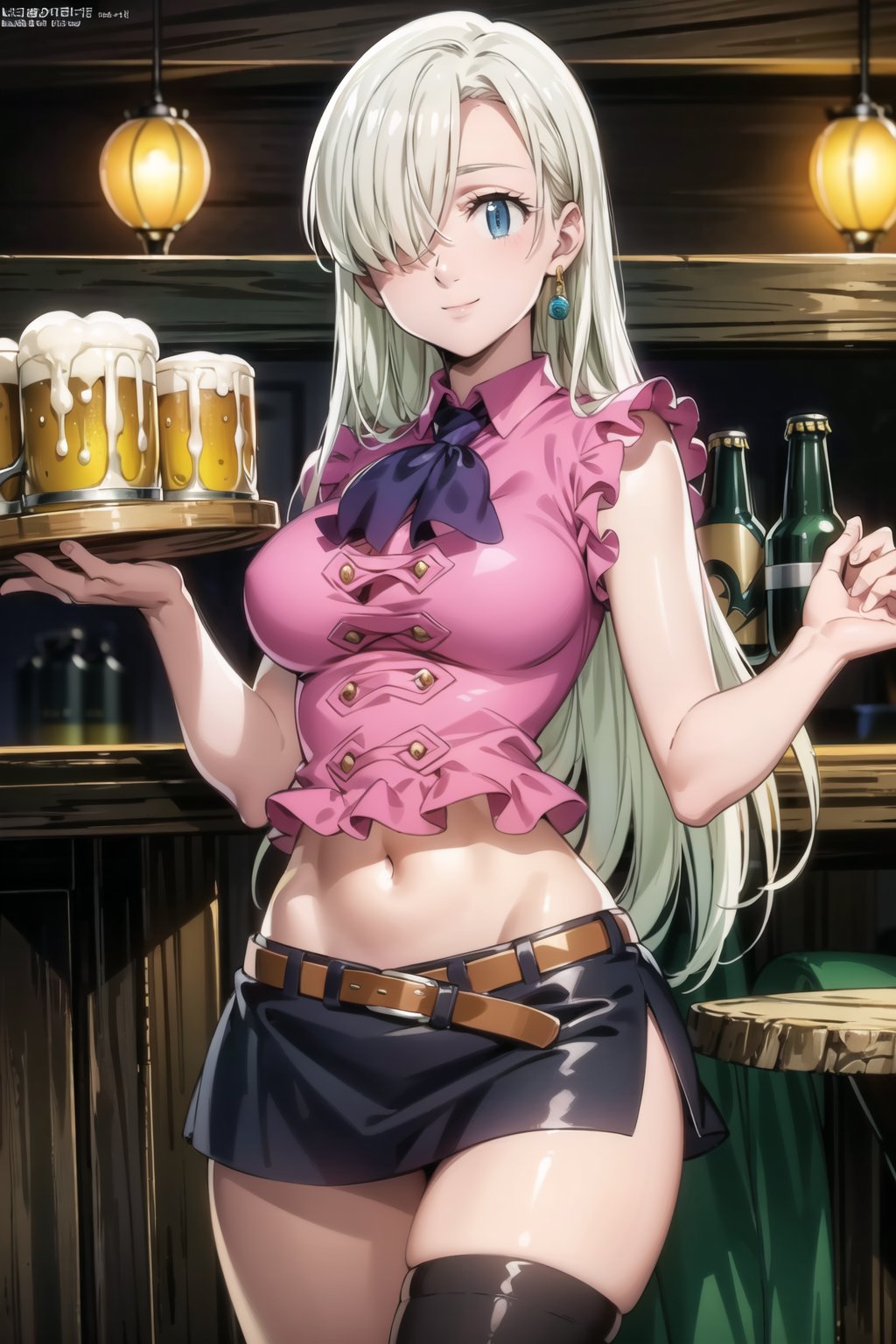 ((best quality)), ((highly detailed)), masterpiece, ((official art)), elizabeth, long hair, blue eyes, white hair, hair over one eye, long hair, single earring, seductive smile, bar, indoors holding tray, beer, beer mug, table, chair, large breasts, pink shirt, navel, belt, (black skirt), miniskirt, (single thighhigh), intricately detailed, hyperdetailed, blurry background, depth of field, best quality, masterpiece, intricate details, tonemapping, sharp focus, hyper detailed, trending on Artstation, 1 girl, high res, official art 