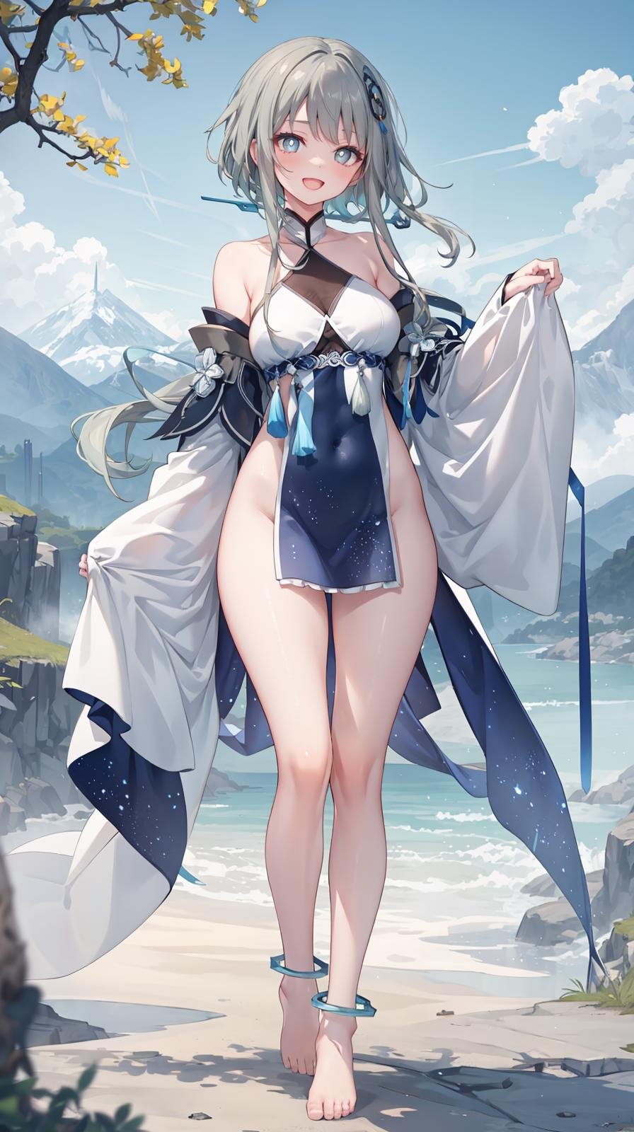 (extremely detailed CG), (best quality), 1girl, perfect face, bright pupils, (finely detailed beautiful eyes), shiny skin, lustrous skin, wide hips, narrow waist,guizhong \(genshin impact\), multicolored hair, grey hair, blue hair, hair ornament, long hair, low ponytail, long sidelocks, detached sleeves, sleeves past wrists, wide sleeves, dress, chinese clothes, halterneck, starry sky print, tassel, barefoot, anklet, full body, depth of field, standing, :d, mountainous horizon, nature,  <lora:Guizhong:0.7>