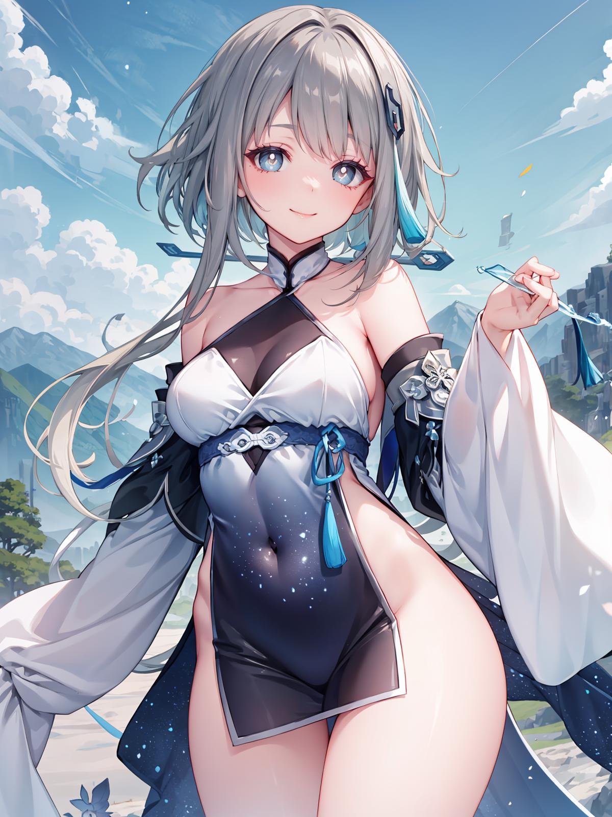 (extremely detailed CG), (best quality), 1girl, perfect face, bright pupils, (finely detailed beautiful eyes), shiny skin, lustrous skin, wide hips, narrow waist,guizhong \(genshin impact\), multicolored hair, grey hair, blue hair, hair ornament, long hair, low ponytail, long sidelocks, detached sleeves, sleeves past wrists, wide sleeves, dress, chinese clothes, halterneck, starry sky print, tassel, smile, mountainous horizon, nature, cowboy shot,   <lora:Guizhong:0.7>