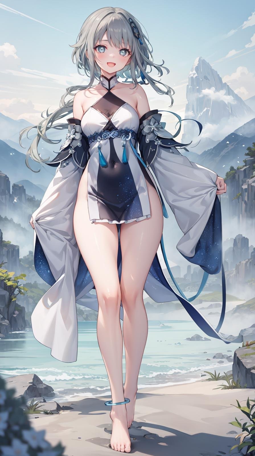 (extremely detailed CG), (best quality), 1girl, perfect face, bright pupils, (finely detailed beautiful eyes), shiny skin, lustrous skin, wide hips, narrow waist,guizhong \(genshin impact\), multicolored hair, grey hair, blue hair, hair ornament, long hair, low ponytail, long sidelocks, detached sleeves, sleeves past wrists, wide sleeves, dress, chinese clothes, halterneck, starry sky print, tassel, barefoot, anklet, full body, depth of field, standing, :d, mountainous horizon, nature,  <lora:Guizhong:0.7>