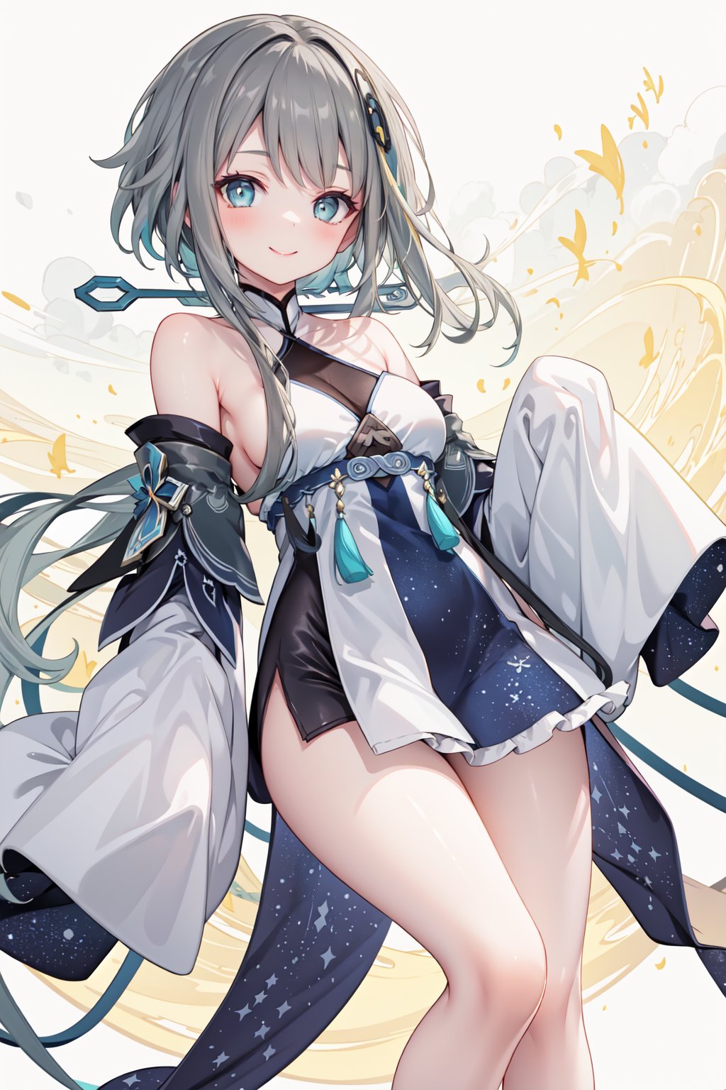 (masterpiece,  best quality),  1girl, guizhong \(genshin impact\),  multicolored hair,  grey hair,  blue hair,  hair ornament,  long hair,  low ponytail,  long sidelocks,  detached sleeves,  sleeves past wrists,  wide sleeves,  dress,  chinese clothes,  halterneck,  starry sky print,  tassel,  smile,  chinese patterns background,  starry background,  legs spread,  dynamic view,  cloud,  pale yellow background, <lora:EMS-81451-EMS:0.800000>