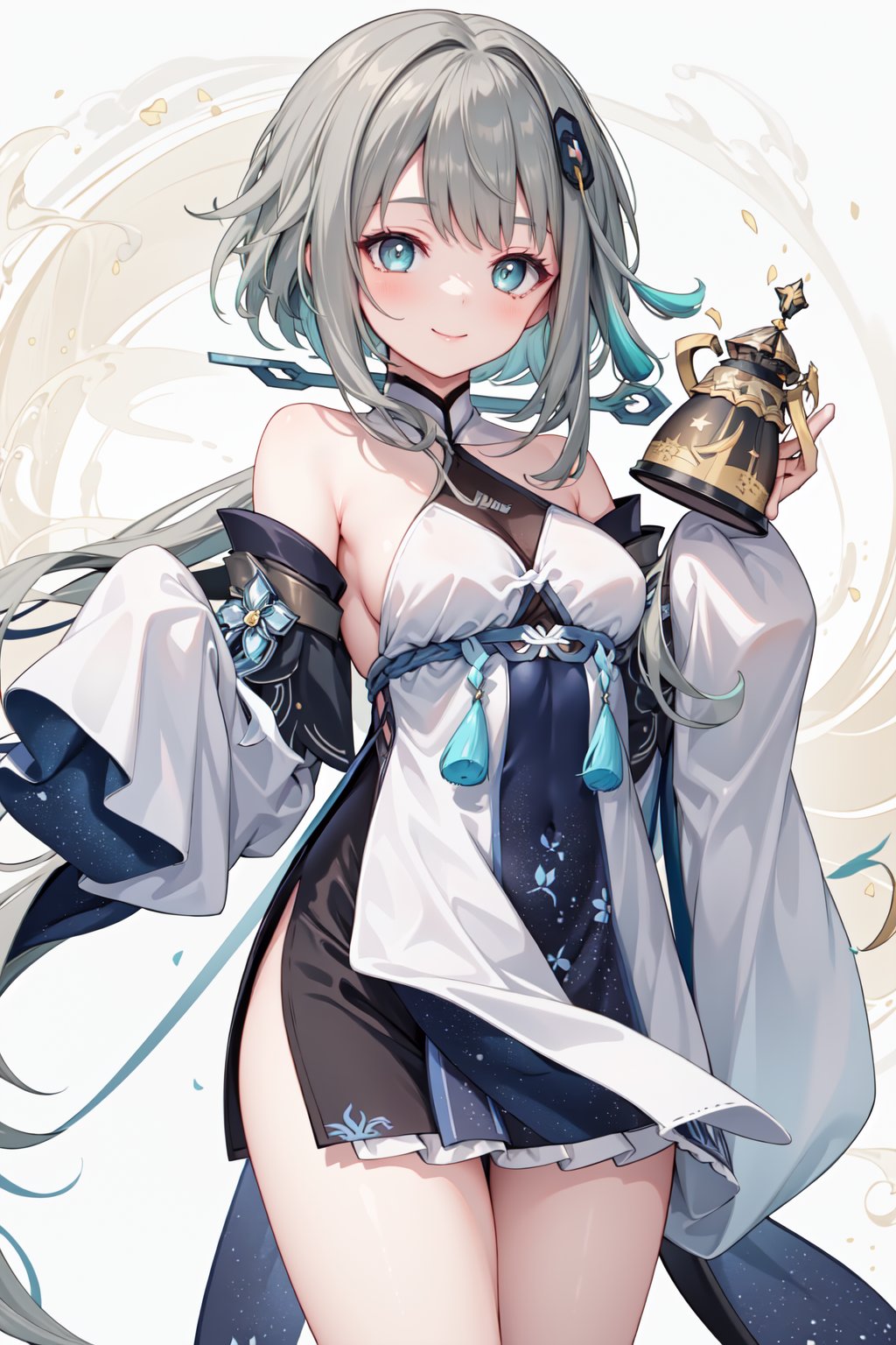 (masterpiece,  best quality),  1girl, guizhong \(genshin impact\),  multicolored hair,  grey hair,  blue hair,  hair ornament,  long hair,  low ponytail,  long sidelocks,  detached sleeves,  sleeves past wrists,  wide sleeves,  dress,  chinese clothes,  halterneck,  starry sky print,  tassel,  smile,  abstract chinese patterns background, <lora:EMS-81451-EMS:0.800000>