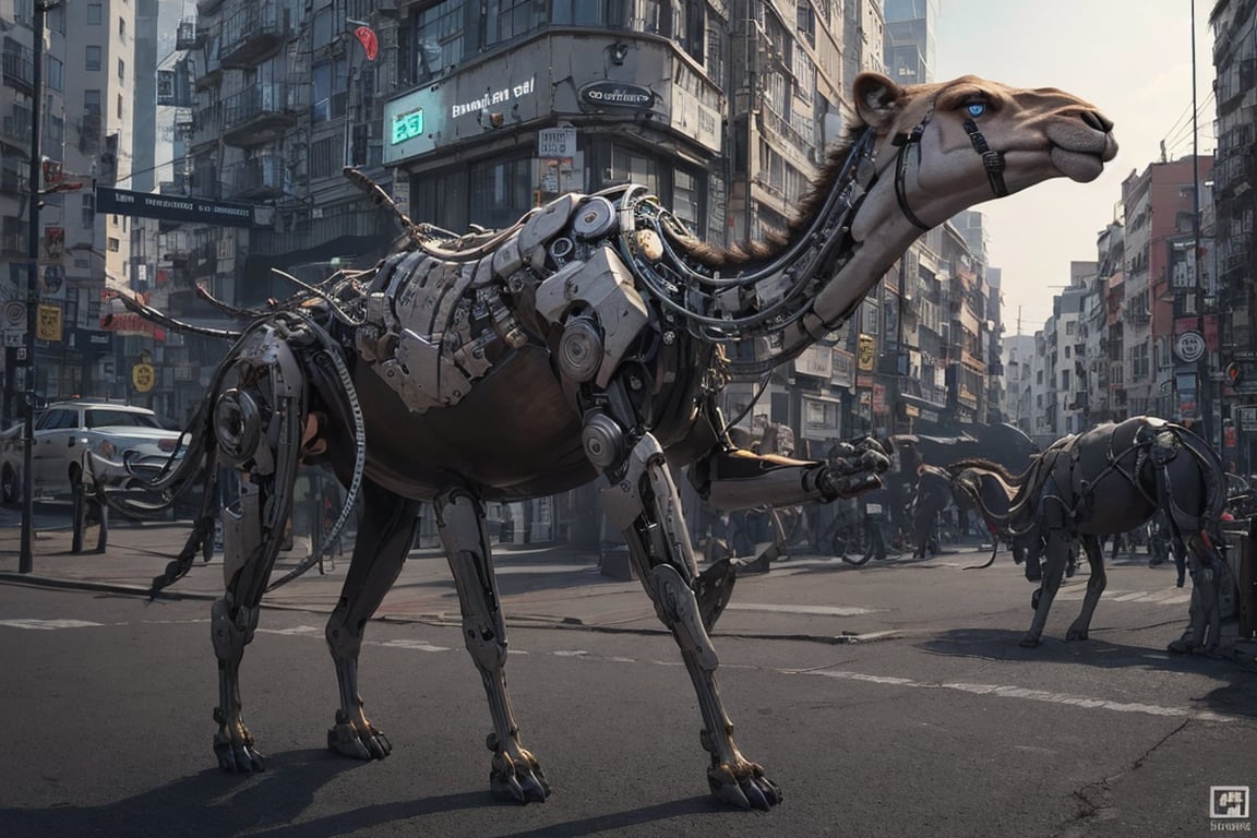 mechanical animals, neon jungle, LED patterns, electric fur, advanced AI, urban ecosystem, adaptive camouflage, hyperrealistic, photorealistic, cyber_animal, camel