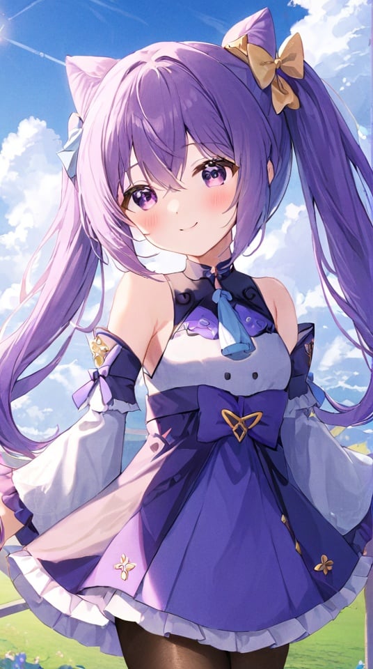 <lora:keqing:1>keqing, 1girl, best quality, extremely detailed face, perfect lighting,solo,long hair, looking at viewer, cat hair bun, twintails, purple hair, purple eyes, pantyhose, bangs, detached sleeves, sky, hair ornament, blush, hair bow, cloud, hair between eyes,  outdoors, dress, bow, bare shoulders, cone hair bun, smile