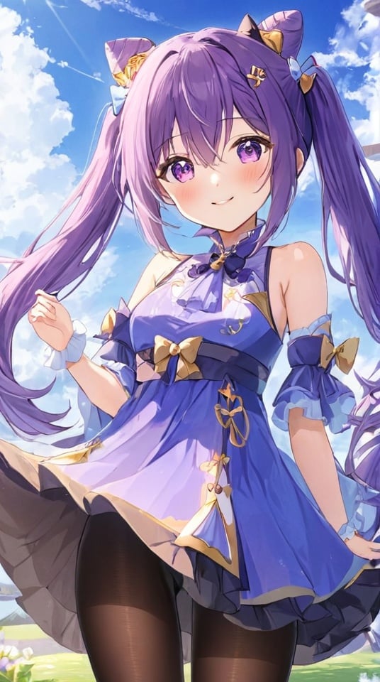 <lora:keqing:1>, 1girl, best quality, extremely detailed face, perfect lighting,solo,long hair, looking at viewer, cat hair bun, twintails, purple hair, purple eyes, pantyhose, bangs, detached sleeves, sky, hair ornament, blush, hair bow, cloud, hair between eyes,  outdoors, dress, bow, bare shoulders, cone hair bun, smile