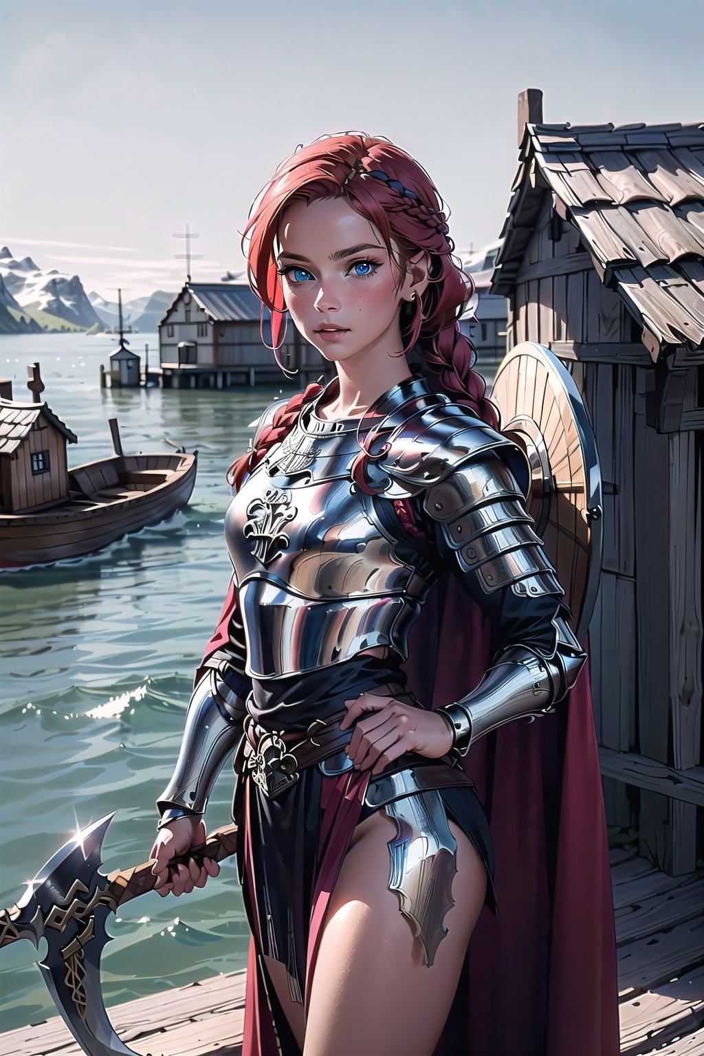 (masterpiece, extremely detailed, realistic, best quality, highres, high resolution:1.2),
looking at viewers, 
1girl, (Valkyrie:0.8), redhead, (braided braid:1.1), blue eyes,  



fur cape, holds 1 (shield:1.1) left hand, holds 1 (axe:0.9) right hand,
stands in the harbor, on the jetty, (langbot:1.4)

((Background: fjord, middle ages, viking houses))