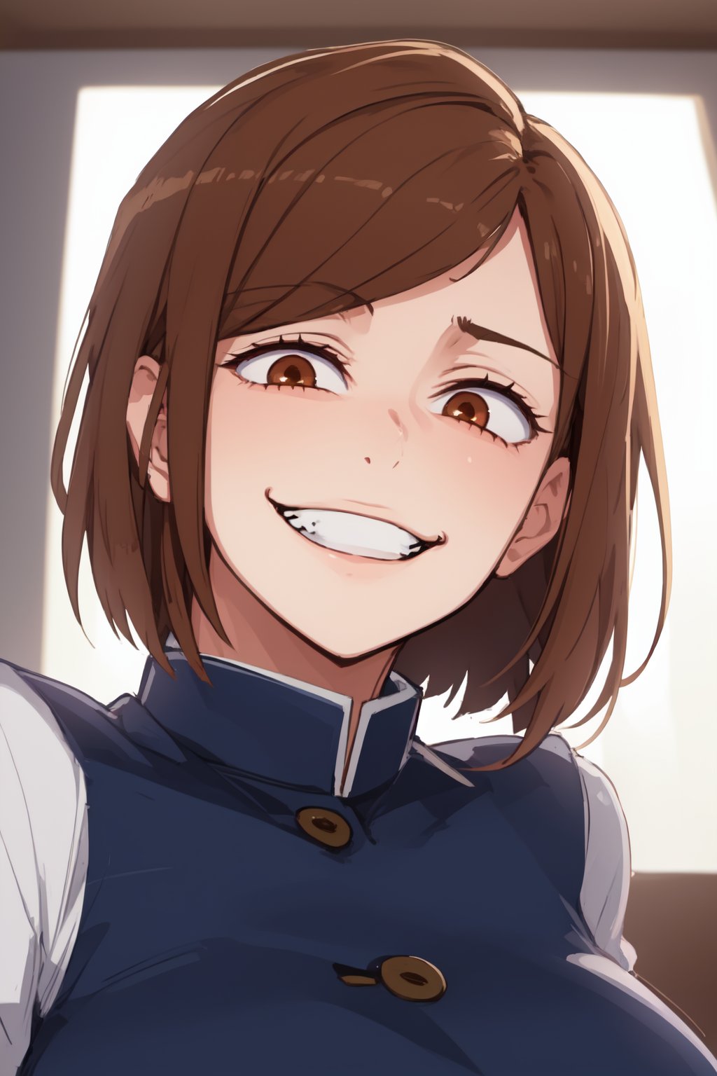 (Masterpiece, best quality:1.2), solo,1girl,edgGesugao,sadistic smile, grin, evil smile, edgGesugao facial expression, school uniform, nobara kugisaki, brown eyes,kugisaki nobara, short hari, brown hair,