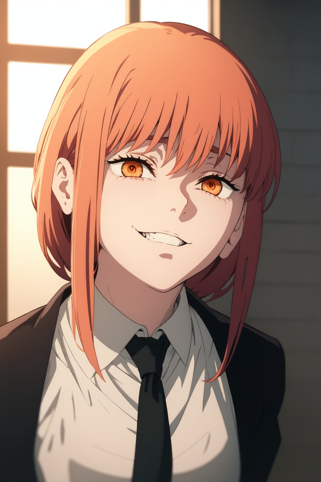 Masterpiece, best quality, solo,1girl,edgGesugao,sadistic smile, grin, evil smile, edgGesugao facial expression, frown, tie, black trousers, Makima, orange eyes,standing,  ringed eyes,Makima