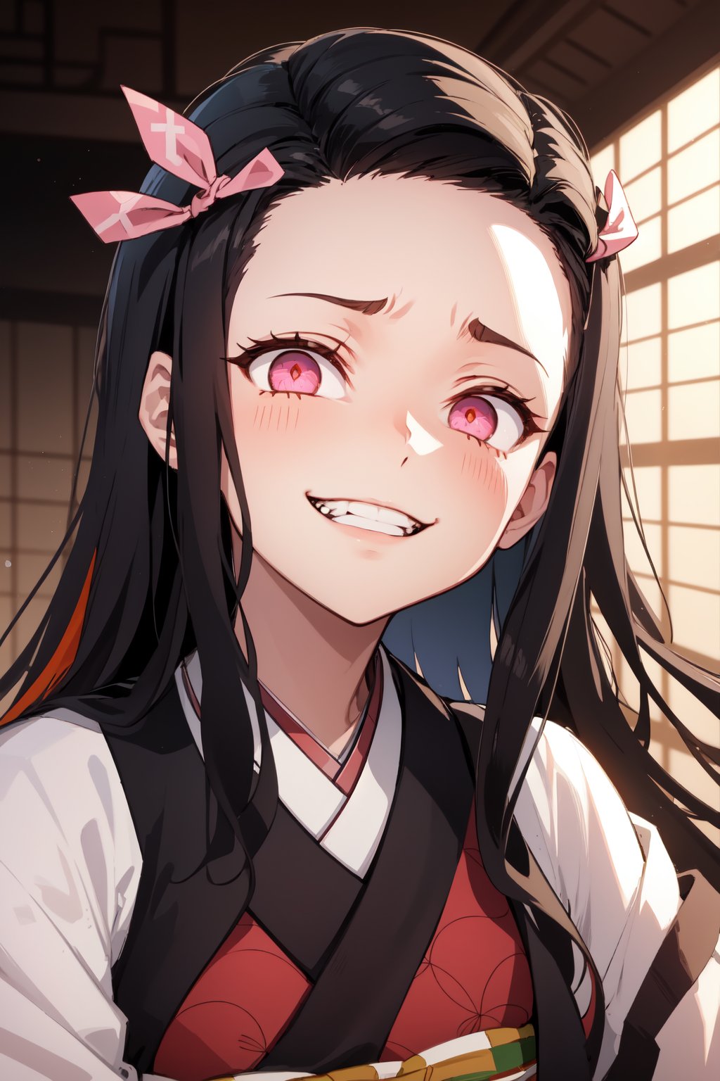 (Masterpiece, best quality, nezuko kamado:1.2), solo,1girl,edgGesugao,sadistic smile, grin, evil smile, edgGesugao facial expression, frown, nezuko kamado, black hair, forehead, hair ribbon, long hair, multicolored hair, pink eyes, orange hair, slit pupils, wavy hair, two-tone hair, asa no ha (pattern), checkered sash, haori, japanese clothes, kimono, long sleeves, obi, pink kimono, sash, wariza,  wide sleeves