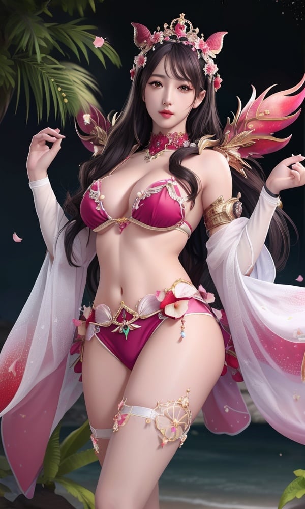 (,1girl, ,best quality, )<lora:DA_甄姬-蝶仙战舞-铁甲雄兵:0.6>,, ,masterpiece, fantasy, realistic,science fiction,mole, ultra realistic 8k cg, ,tamari \(flawless\),  medium breasts,strawberry blossoms,bikini,    (()), (),