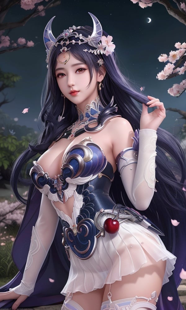 (,1girl, ,best quality, )<lora:DA_甄姬-蝶仙战舞-铁甲雄兵:0.6>,, ,masterpiece,fantasy, realistic,science fiction,mole,,ultra realistic 8k cg, flawless,tamari \(flawless\), medium breasts,cherry blossoms,,night, night sky, crescent moon, moonlight,,(facing viewer, looking at viewer, , ),  (()), (),