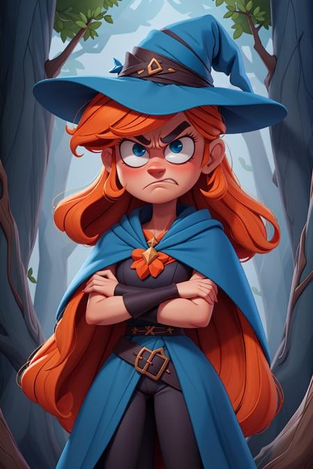 masterpiece, best quality, angry female witch in the forest with arms crossed wearing a blue pointy hat and orange hair and a blue cape and blue cloak