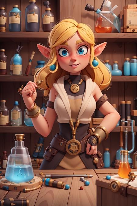 masterpiece, best quality ,1girl,Female, Elven, Alchemist, Making Potion, Steampunk, Lab, Science, Fantasy,  lab background, bookshelves in the background, long blonde hair