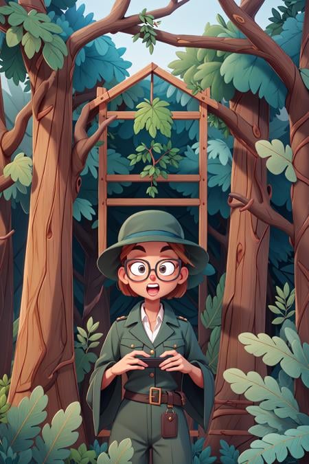 masterpiece,  best quality,1girl,artist_name, bare_tree, branch, company_name, forest, glasses, gloves, hat, ivy, jungle, leaf, military, military_uniform, nature, open_mouth, palm_tree, plant, potted_plant, sleeves_rolled_up, solo, tree, uniform, vines, watermark, web_address