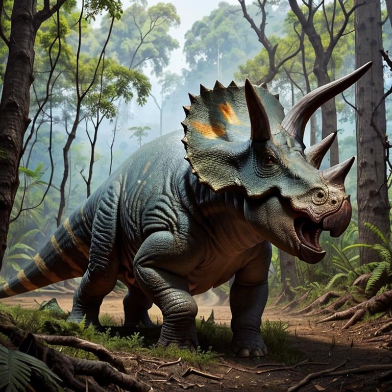 perfect exposure, colorful, masterpiece, best quality, <lora:Triceratops_Dinosaur_Dim32_Anime:0.8>, Triceratops_Dinosaur,  Jurassic jungle,