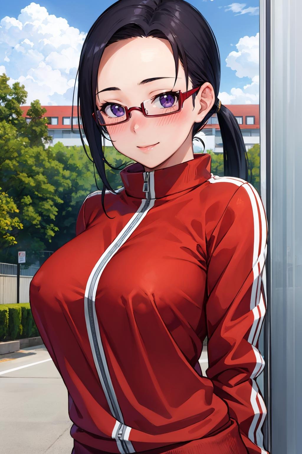 masterpiece, best quality,  <lora:sakie-nvwls-v1-000009:0.9> satou sakie, glasses, track jacket, red pants, looking at viewer, large breasts, upper body, smile, blush