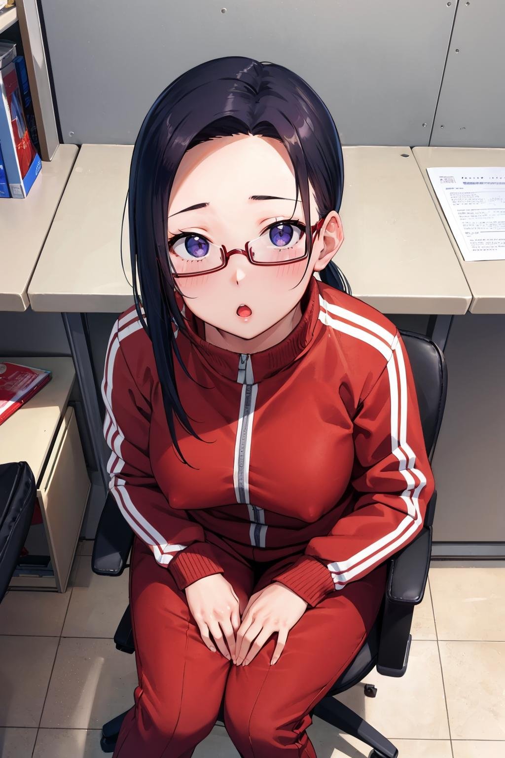 masterpiece, best quality,  <lora:sakie-nvwls-v1-000009:0.9> satou sakie, glasses, track jacket, red pants, looking at viewer, large breasts, sitting, from above, looking at viewer, thinking, :o, desk, chair, office