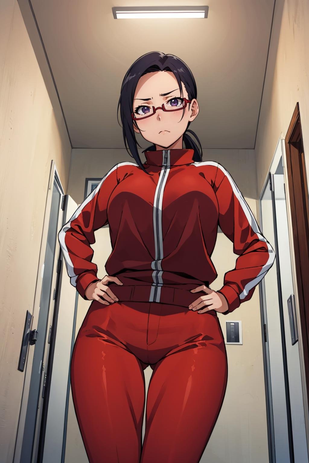 masterpiece, best quality,  <lora:sakie-nvwls-v1-000009:0.9> satou sakie, glasses, track jacket, red pants, looking at viewer, large breasts, hands to hips, from below, furrowed brow, pouting, indoors, halway