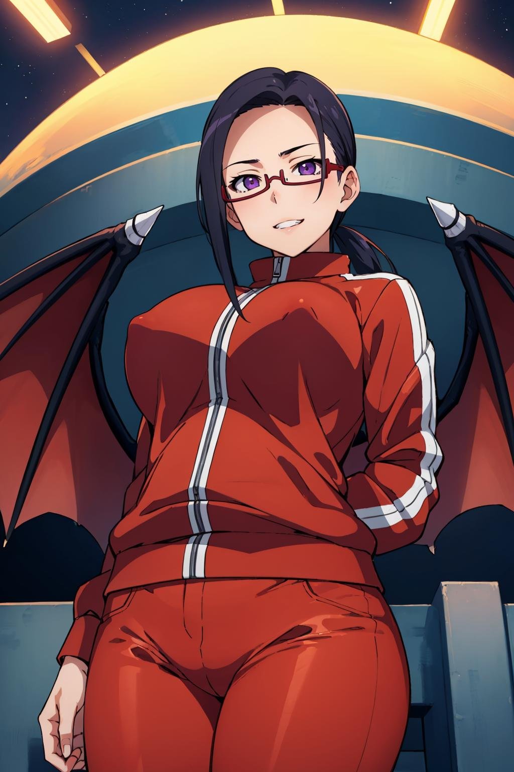 masterpiece, best quality,  <lora:sakie-nvwls-v1-000009:0.9> satou sakie, glasses, track jacket, red pants, huge breasts, from below, glowing eyes, purple eyes, night, full lips, portrait, looking at viewer, seductive grin, furrowed brow, devil wings