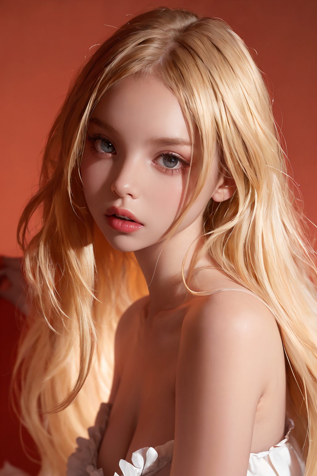 A 20 Girl, Long hair, Blonde Hair, Upper body, White Background, Dark Theme, Soothing tones, muted colors, high contrast, (natural skin texture, hyperrealism, soft light, sharp),red background,simple background,  <lora:MilaAmour-01:1> <lora:MoosMST4:0.5>