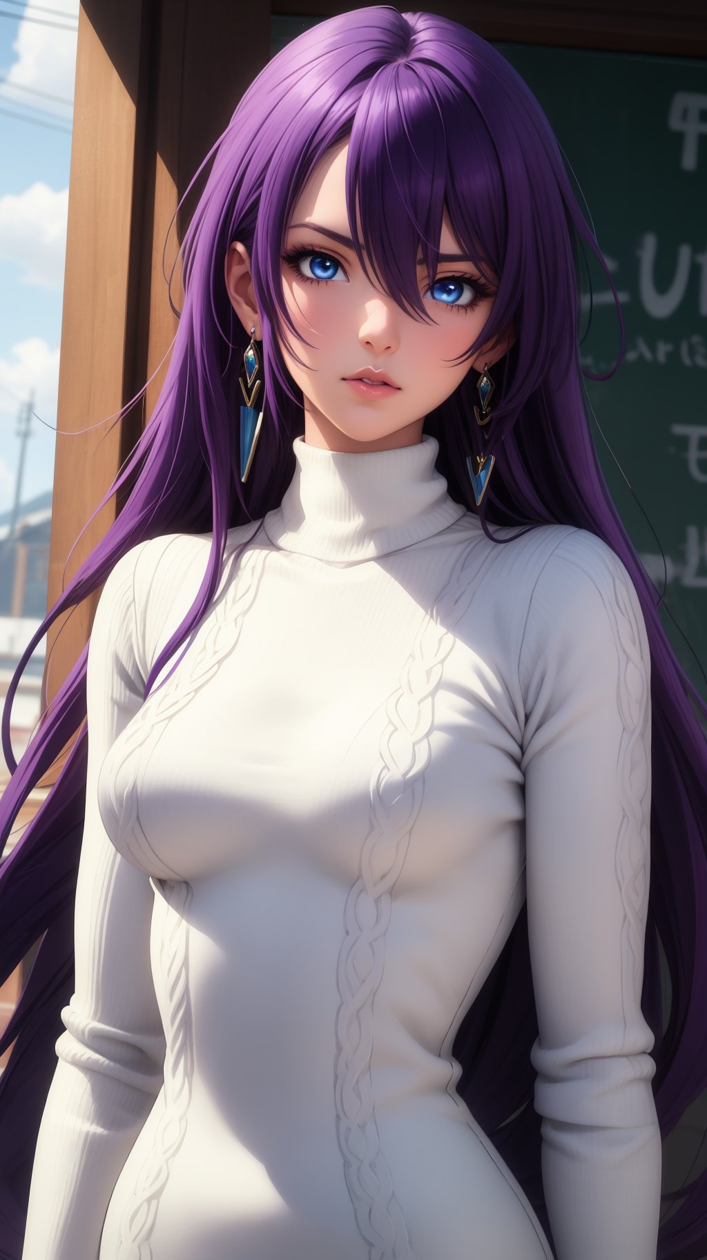 masterpiece, best quality, ArthurPgon, 1girl, purple hair, long hair, bangs, hair between eyes, blue eyes, jewelry, earrings, lips, medium breasts, sweater dress, upper body, <lora:ArthurPgon:0.8>