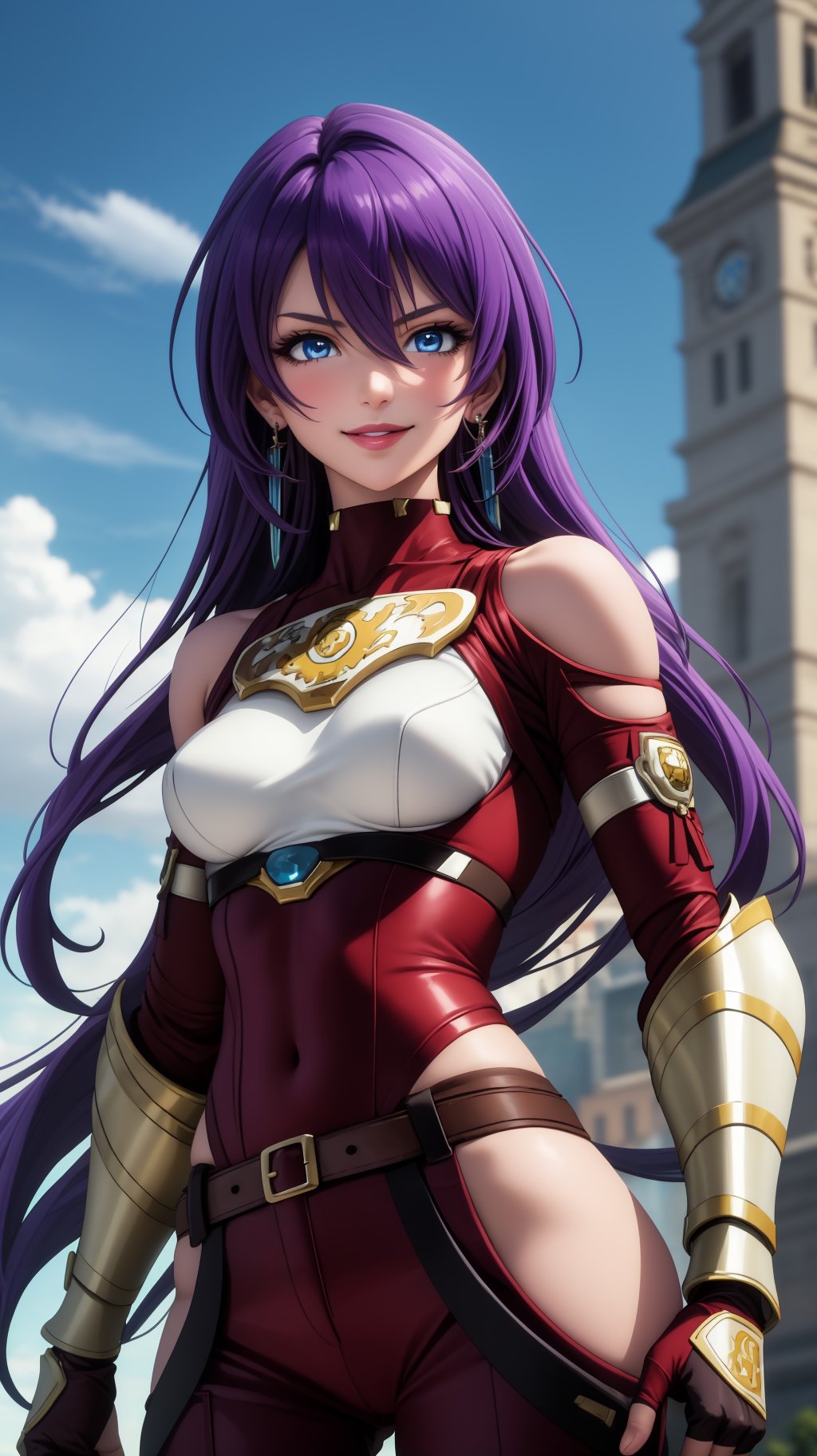 masterpiece, best quality, ArthurPgon, 1girl, purple hair, long hair, bangs, hair between eyes, blue eyes, jewelry, earrings, lips, medium breasts, armor, bare shoulders, red gloves, fingerless gloves, hip vent, clothing cutout, pants, smile, upper body, <lora:ArthurPgon:0.8>