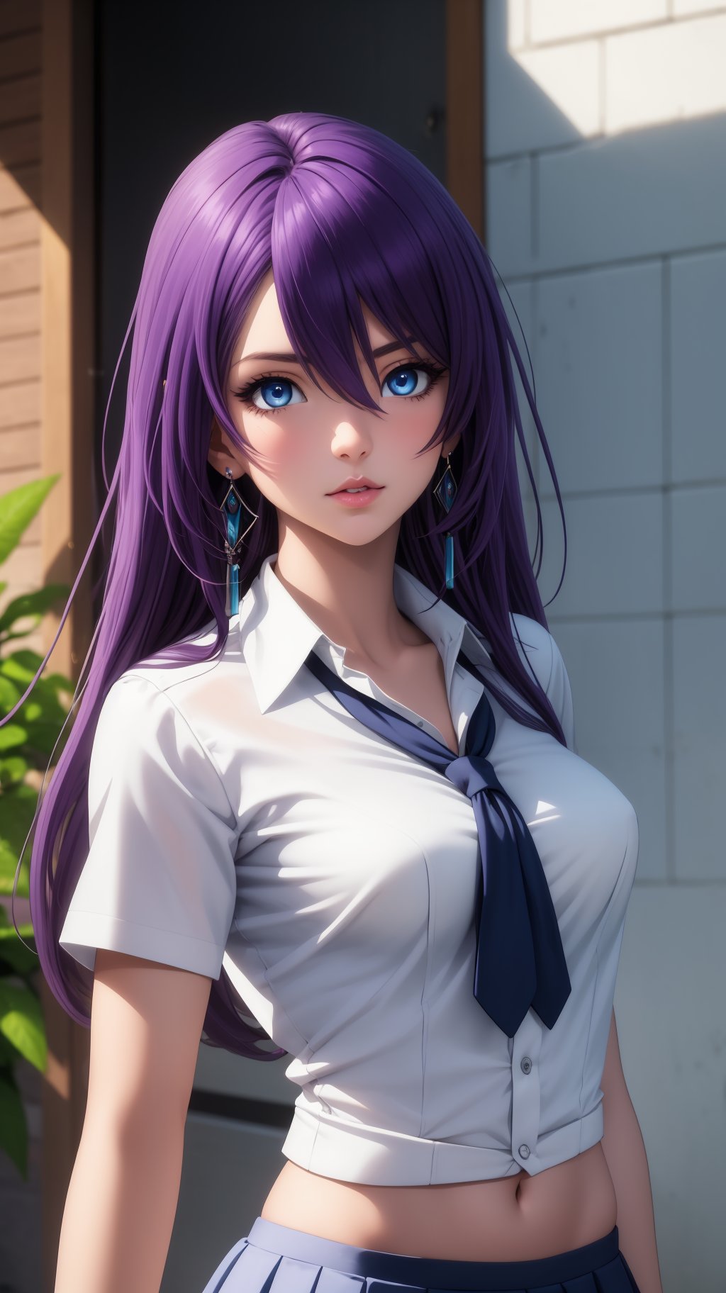 masterpiece, best quality, ArthurPgon, 1girl, purple hair, long hair, bangs, hair between eyes, blue eyes, jewelry, earrings, lips, medium breasts, school uniform, <lora:ArthurPgon:0.8>