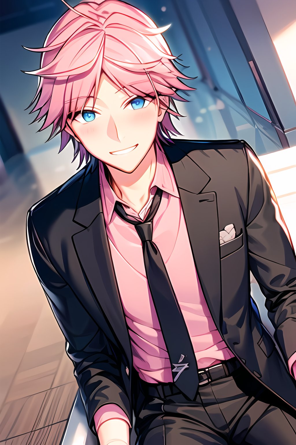 masterpiece, best quality, Looking at viewer, male_focus, 1boy,  
,Dino_Albani,Blue eyes,Pink hair,  close_up,  smile, blush, dress_shirt, black jacket, pink shirt, tie,