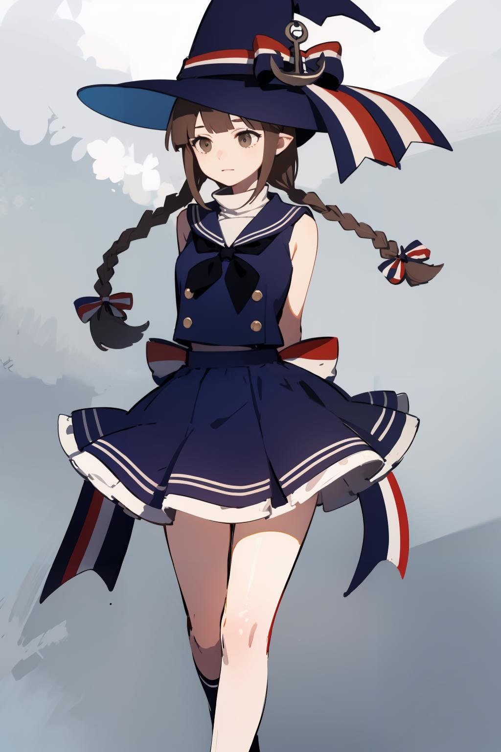 (masterpiece, high quality, highres:1),1girl,solo,<lora:wadanohara-wasabiya:1>,wadanohara,witch hat,hat bow,blue dress,blue hat,twin braid,long hair,handkerchief,anchor,hat ornament,school uniform,sailor collar,multicolored ribbon,arms behind back, brown eyes, 