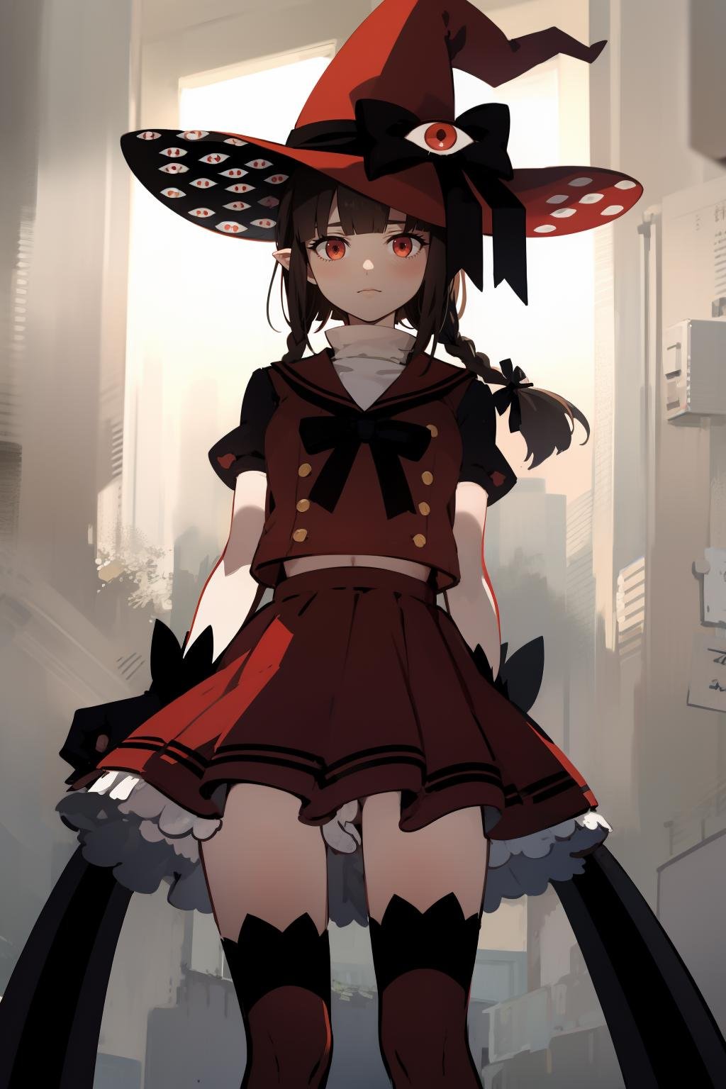 (masterpiece, high quality, highres:1),1girl,solo,<lora:wadanohara-wasabiya:1>,wadared,witch hat,long hair,red bow,extra eyes,eye print,red gloves,black thighhighs,red skirt,arms behind back,from below,