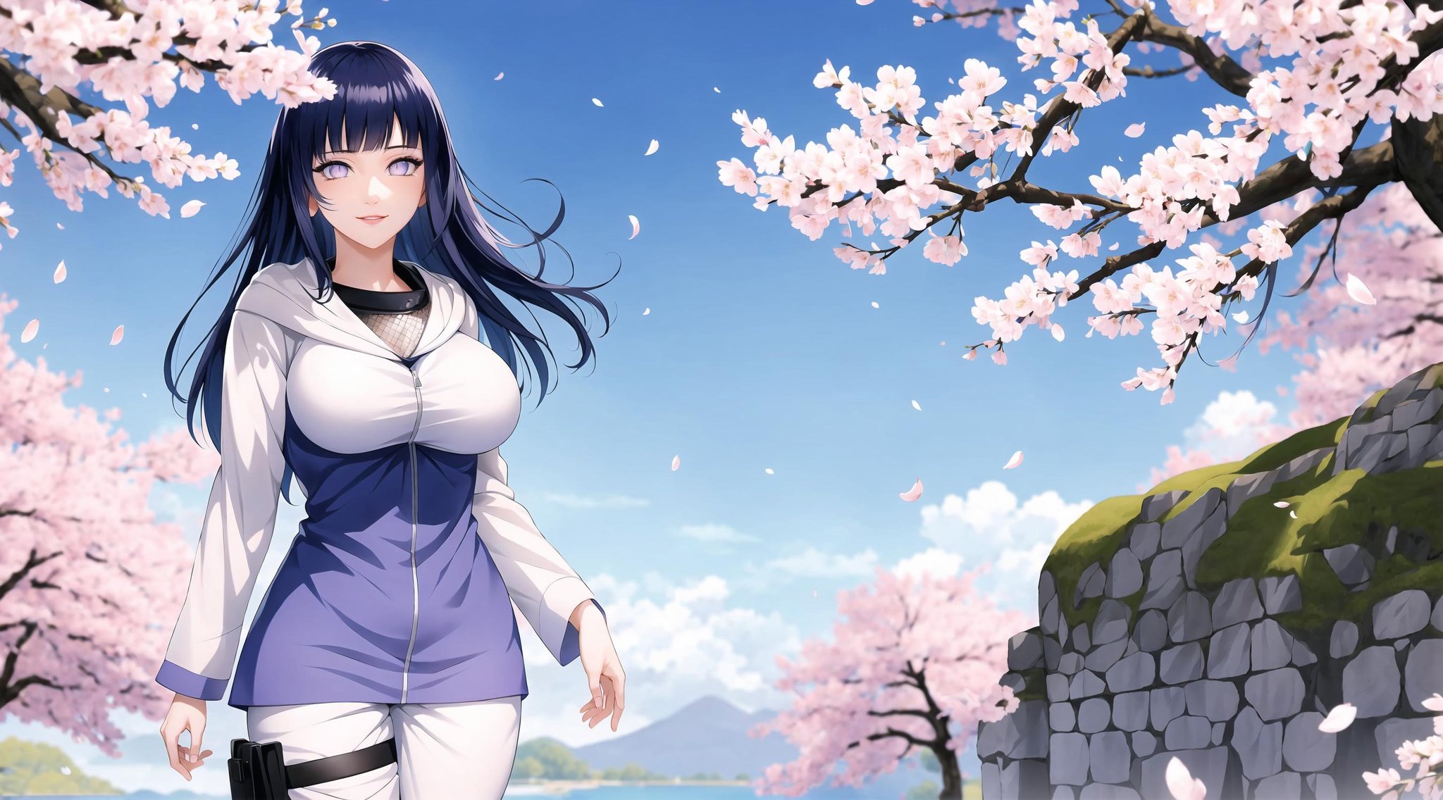 H1N4T4, 1girl, hyuuga hinata, solo, (realistic:0.5), masterpiece, solo, (best quality, perfect detailed, beautifully detailed face, detailed eyes), glistening shiny, ray tracing, DOF, HDR, gradient eyes, sharp eyelashes, ((eyelashes)), mascara, detail_face, eyelashes, shiny hair, flirting, seductive smile, parted lips, medium breasts, (soft particles floating:1.1), ((looking at viewer)), (playmate pose:1.1), (full body:1.1), ((8k wallpaper)), ((highres)), long hair, black hair, white eyes, (pants:1.2), hand on hip, hood, bangs, full body, standing, blurry, looking at viewer, long sleeves, smile, (grassfield:1.4), (tree:1.2), (cherry blossom:1.3), (blue sky:1.3), (sun), <lora:Hinata:1>