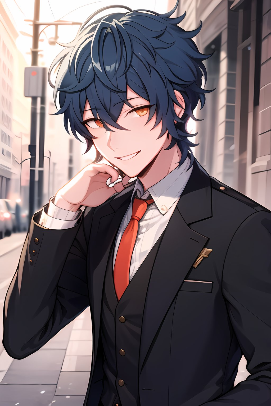 masterpiece, best quality, male, solo, looking at viewer, Gray_Reverse, Orange eyes,blue hair, smile, standing, upper body, dress_shirt, black jacket, red tie,