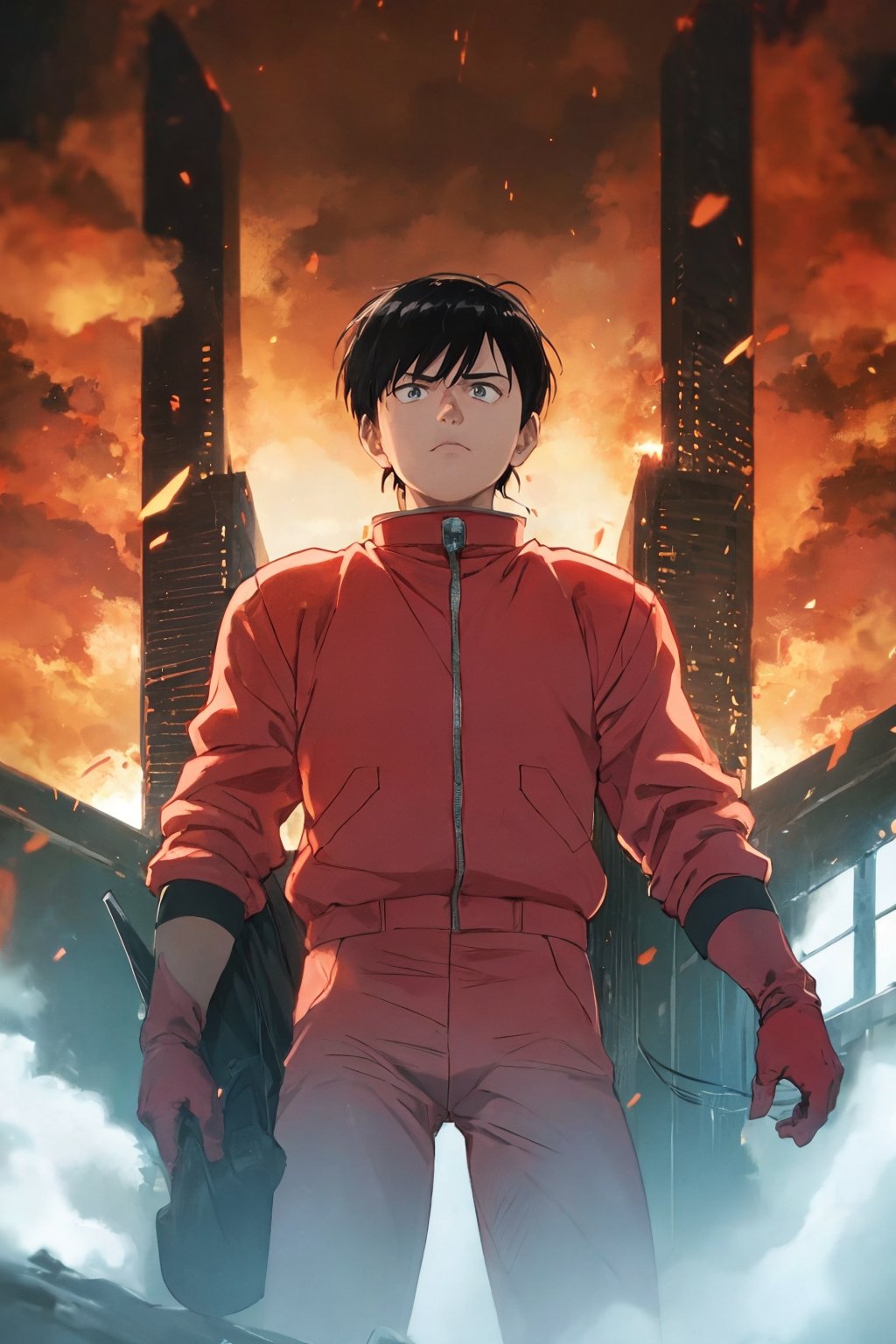 kaneda from akira movie movie scene, red clothing, gloves, epic scene, anime style, movie scene, 4k, epic