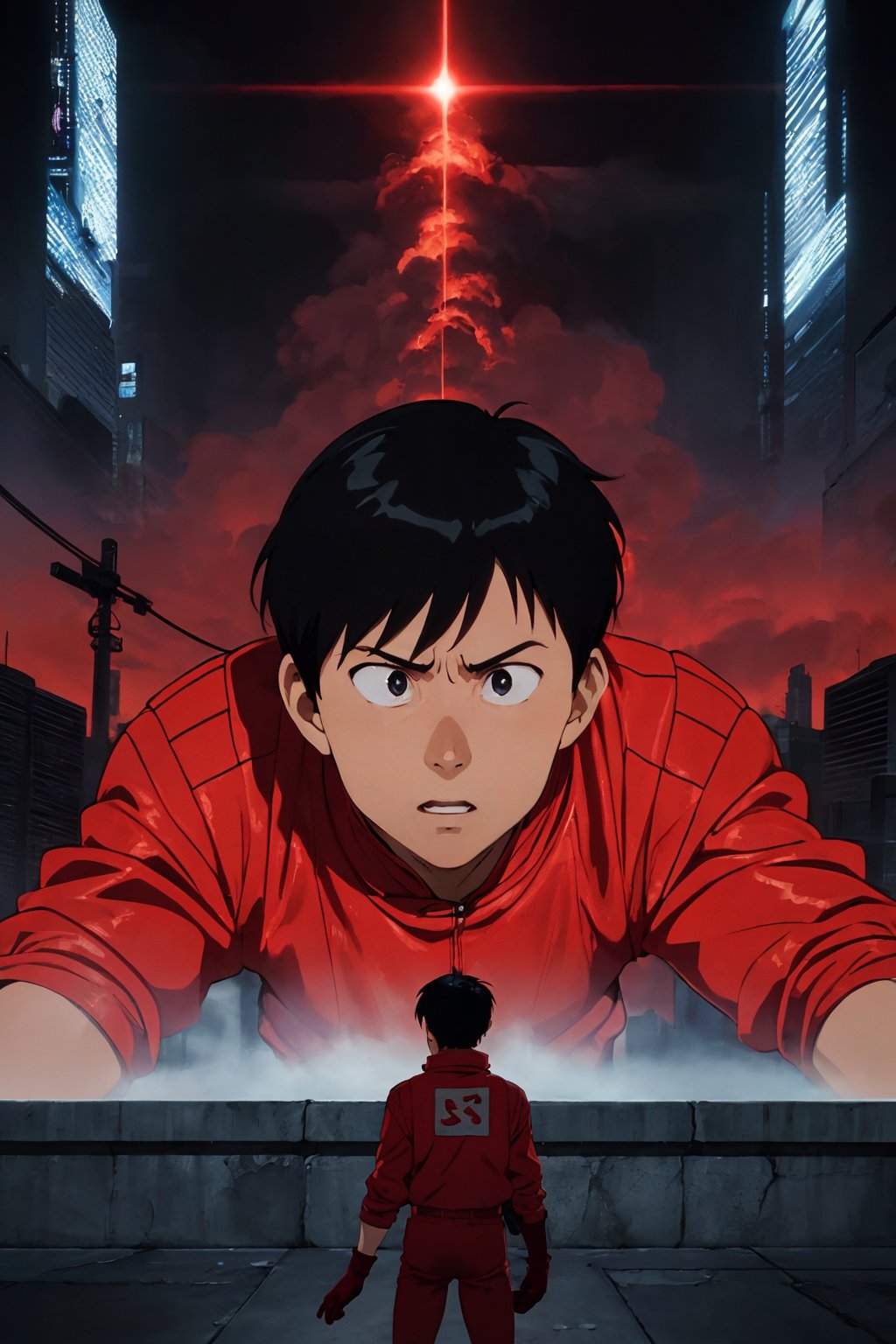 kaneda from akira movie poster, red clothing, gloves, epic scene, anime style, movie scene, 4k, epic