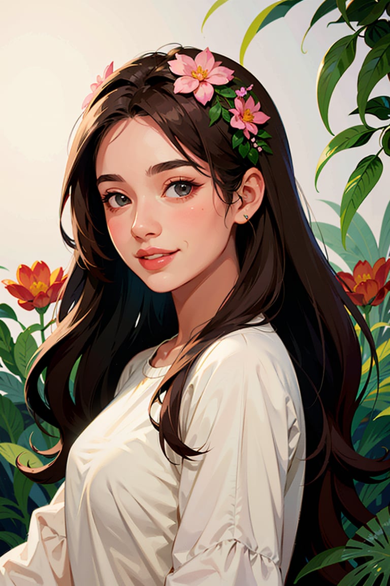 (best quality, masterpiece:1.2), flat vector art, vector illustration, 1girl, solo, brown hair, long hair, black eyes, beautiful detailed eyes, beautiful detailed lips, smiling face, pink flower on head, long sleeves, leaf, flower, plant, looking at viewer, vibrant colors, soft lighting